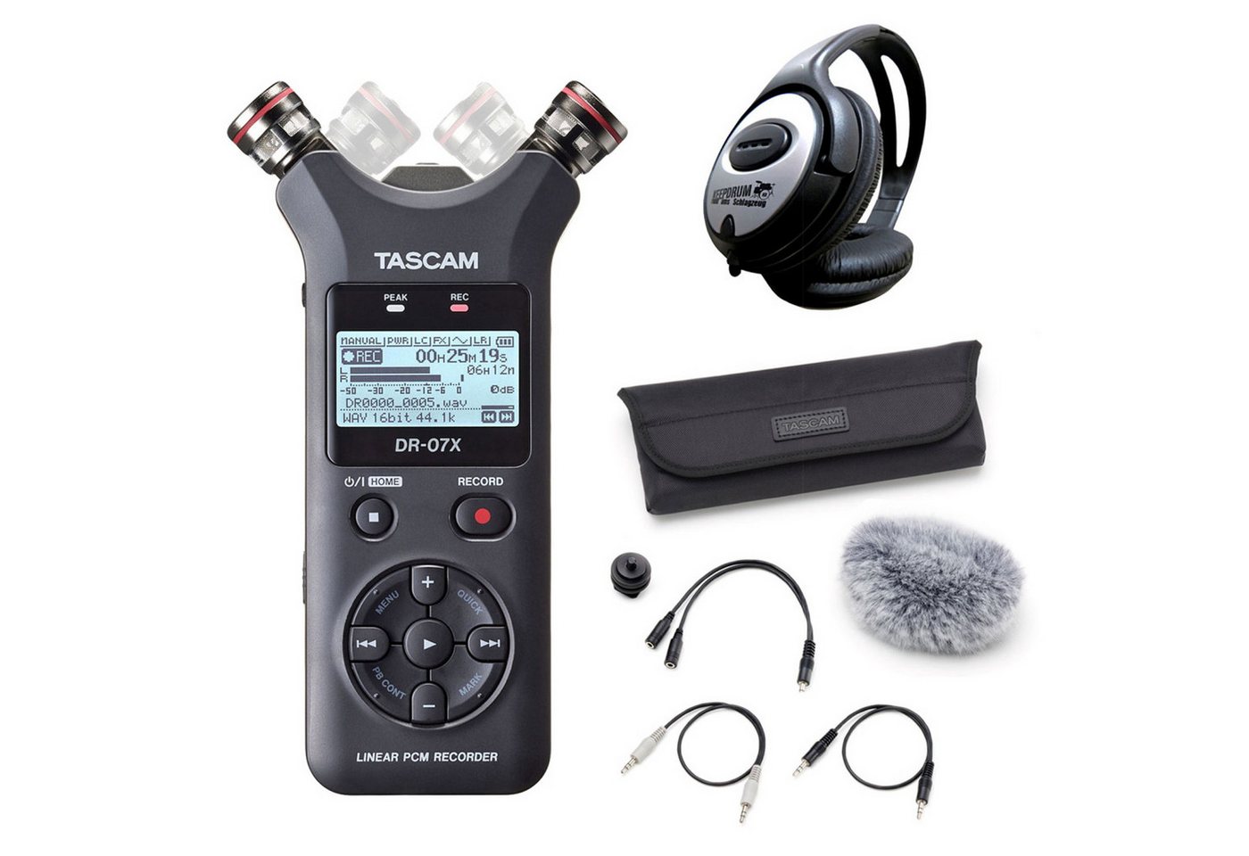 Tascam DR-07X Audio-Recorder Digitales Aufnahmegerät (mit Zubehör und Kopfhörer) von Tascam