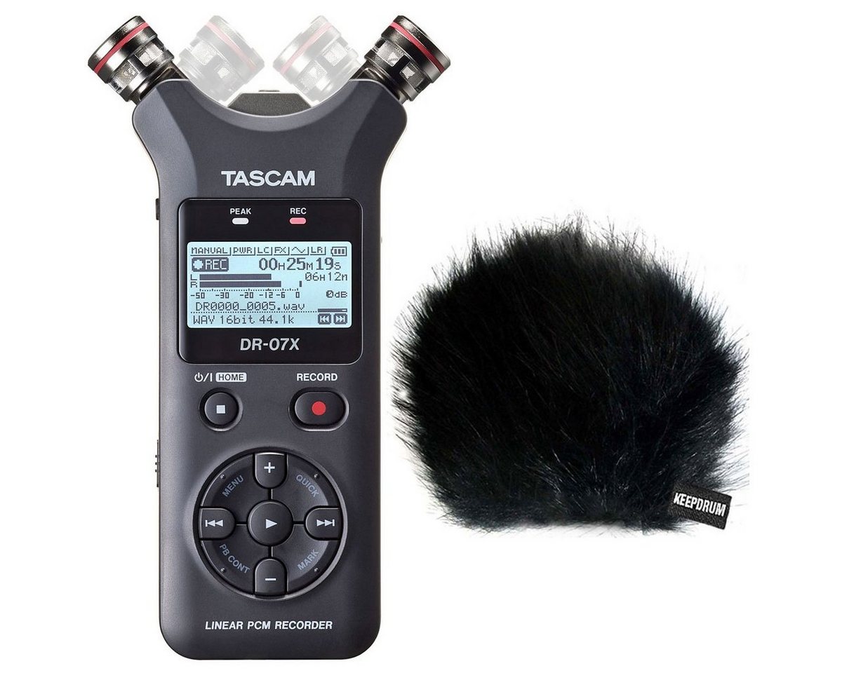 Tascam DR-07X Stereo Audio-Recorder Digitales Aufnahmegerät (mit Fell-Windschutz) von Tascam
