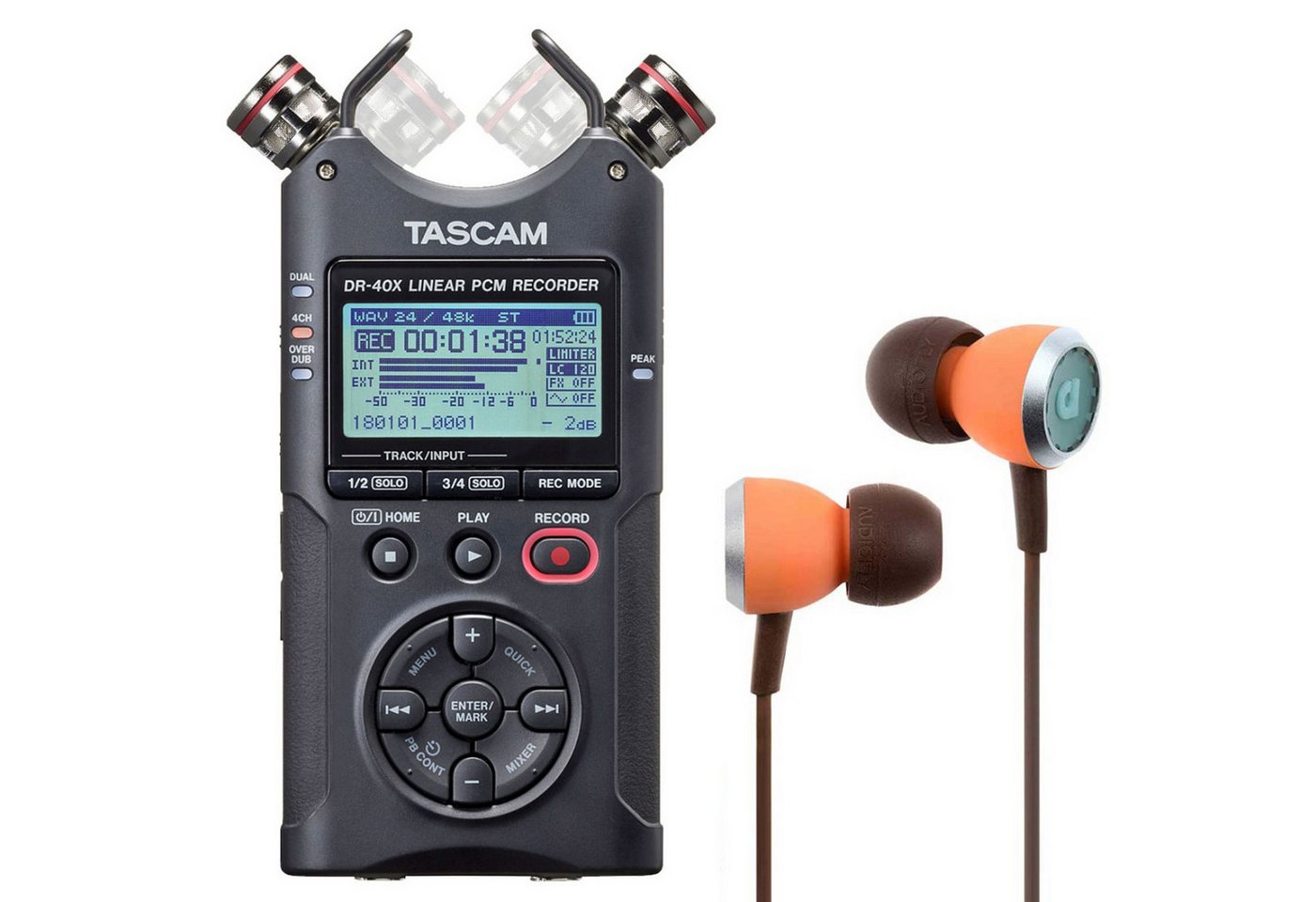 Tascam Tascam DR-40X Audio-Recorder mit Audiofly Ohrhörer Digitales Aufnahmegerät (Recorder) von Tascam