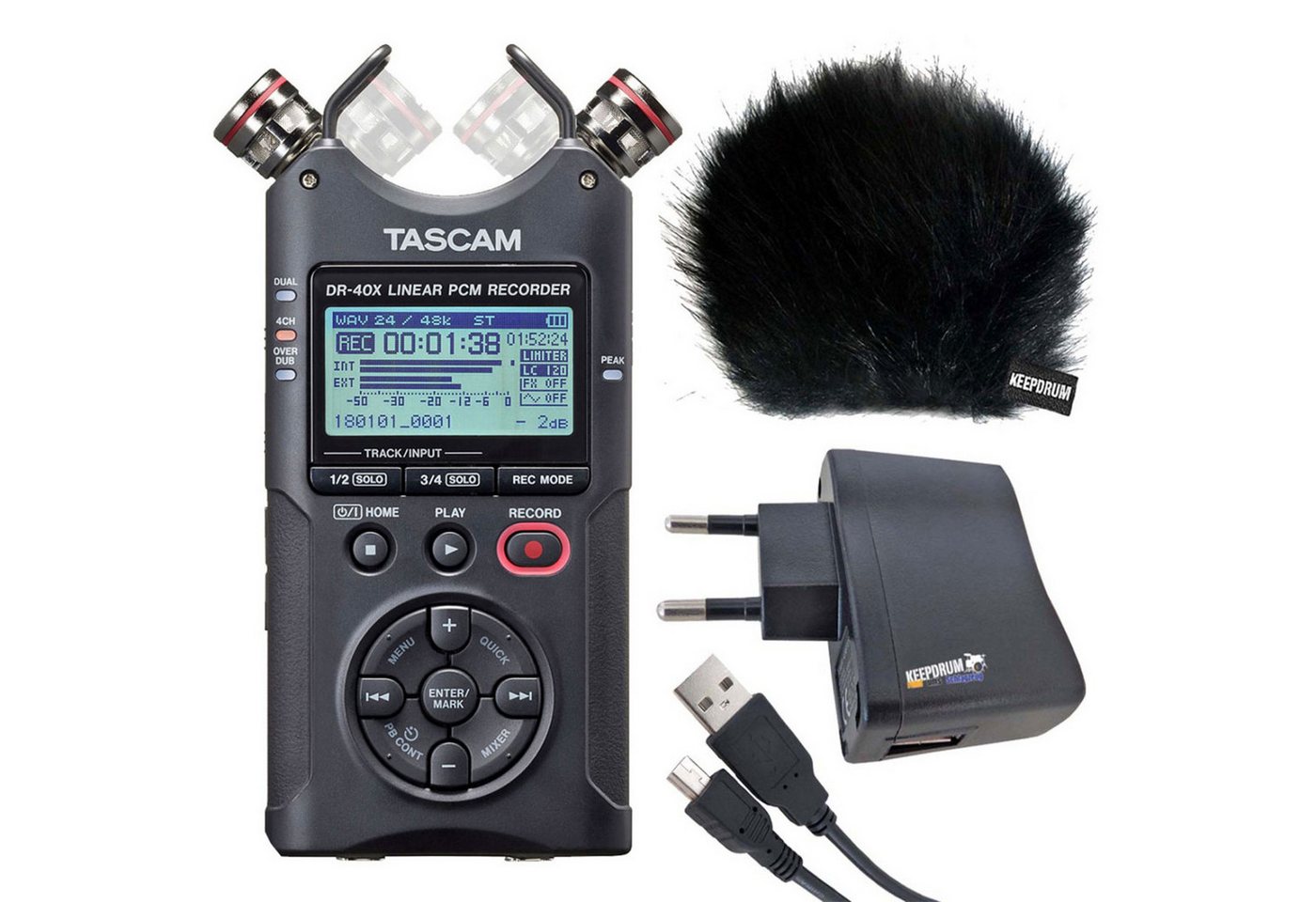 Tascam DR-40X Audio-Recorder Digitales Aufnahmegerät (mit Zubehör-Set) von Tascam