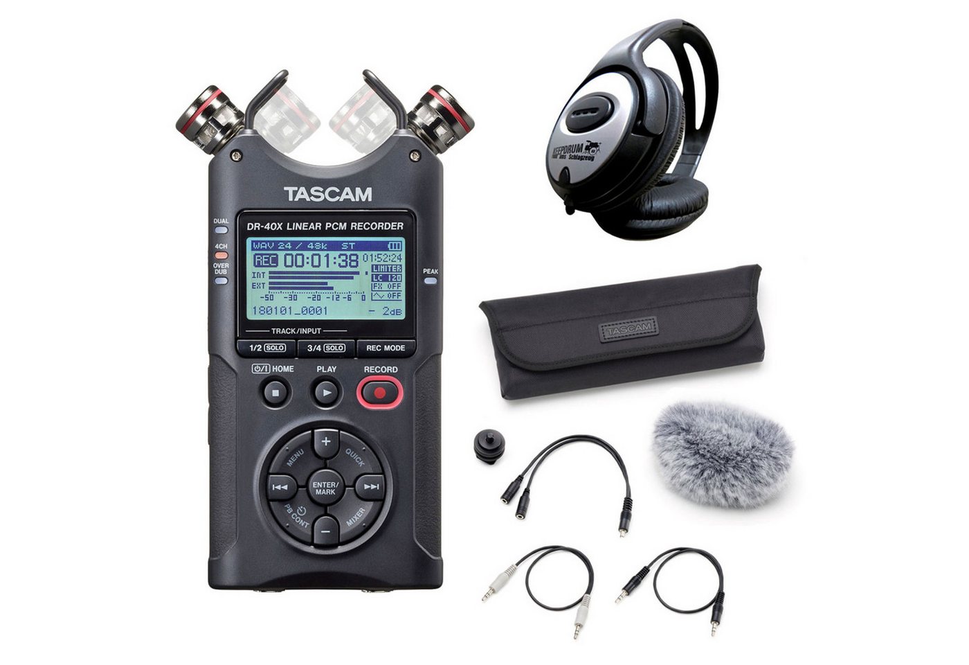 Tascam DR-40X Audio-Recorder Digitales Aufnahmegerät (mit Zubehör-Set und Kopfhörer) von Tascam