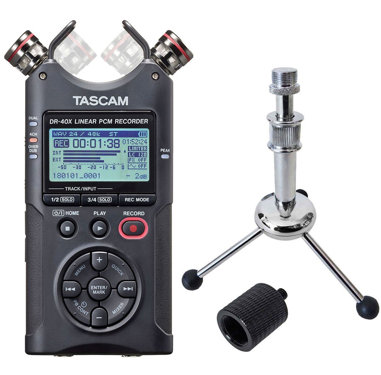 Tascam DR-40X Recorder Digitales Aufnahmegerät (mit Tripod Stativ und Gewinde-Adapter) von Tascam