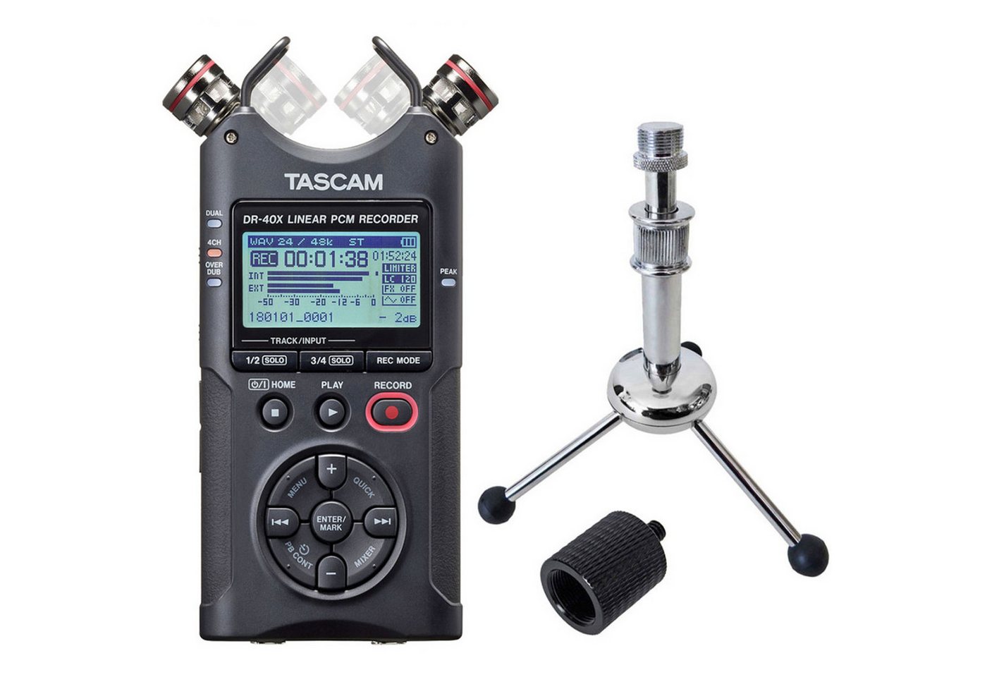 Tascam Tascam DR-40X Recorder mit Tripod Stativ mit Adapter Digitales Aufnahmegerät (Recorder) von Tascam