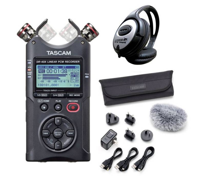 Tascam DR-40X Recorder Digitales Aufnahmegerät (mit Zubehör Set und Kopfhörer) von Tascam