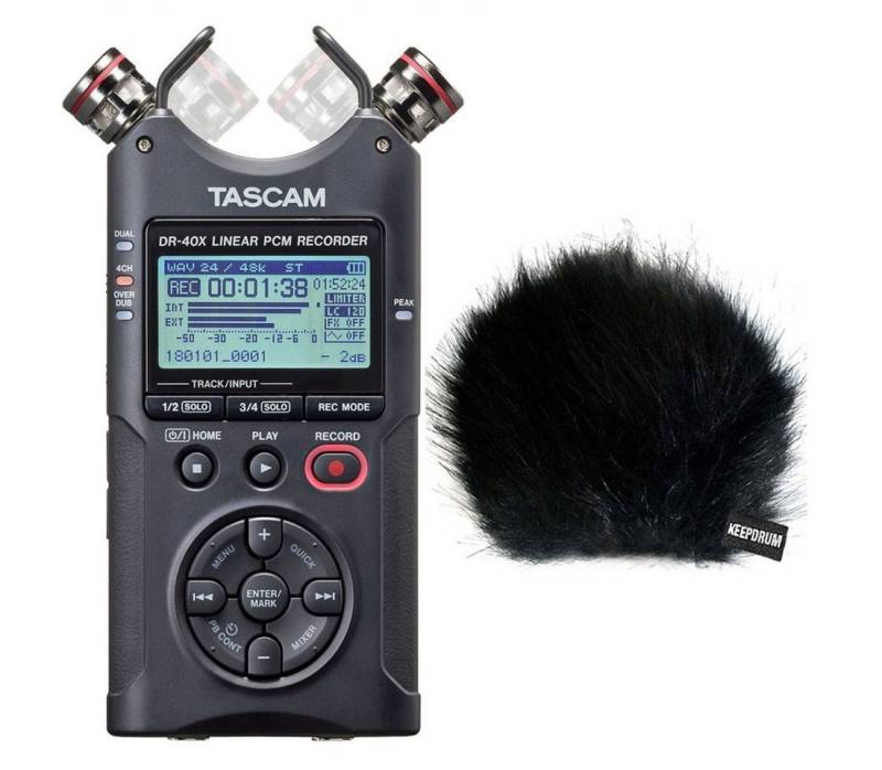 Tascam DR-40X Stereo Audio-Recorder Digitales Aufnahmegerät (mit Fell-Windschutz) von Tascam