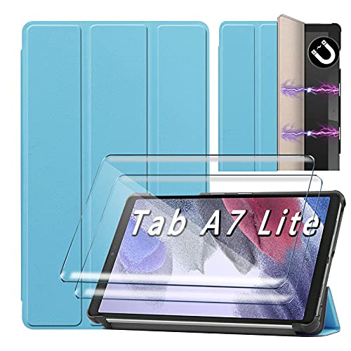 HYMY Hülle + 2 Pcs Schutzfolie Glass für Samsung Galaxy Tab A7 Lite hülle 8.7" - Flip Case Cover Schutzhülle Schutzfolie Samsung Galaxy Tab A7 Lite Glass-Blue von Tasch