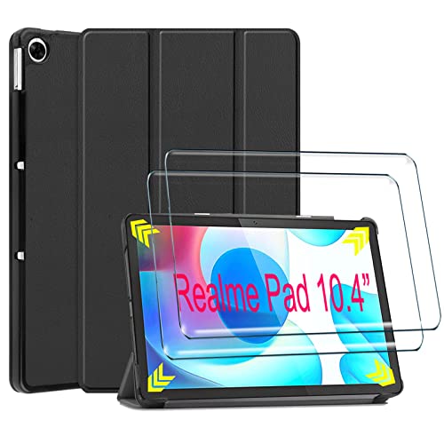 Tasch HYMY Hülle für Realme Pad + 2 Pcs Schutzfolie Schutzfolie Glas für Realme Pad (10.4") hülle - Flip Case Cover Schutzhülle Schutzfolie Realme Pad Schutzfolie Glas-Black von Tasch