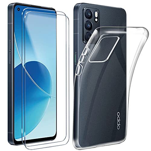 Tasch HYMY Oppo Reno 6 5G Hülle (6.43 Zoll) + 2Pcs Glass für Oppo Reno 6 5G Schutzfolie - Transparent Schutzhülle TPU Handytasche Displayschutzfolie Glas-Clear von Tasch