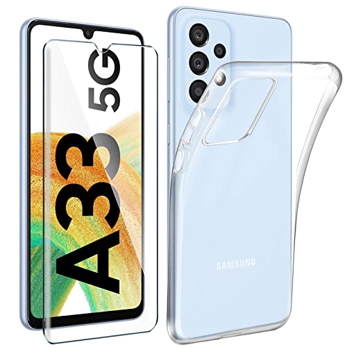 Tasch HYMY Samsung Galaxy A33 5G Hülle (6.4 Zoll) + Glass für Samsung Galaxy A33 5G Schutzfolie - Transparent Schutzhülle TPU Handytasche Displayschutzfolie Glas-Clear von Tasch