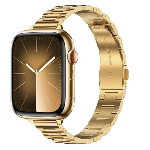 Tasikar Dünnes Metall Armband Kompatibel mit Apple Watch Armband 42mm(Series 10) 41mm 40mm 38mm Damen Edelstahl Ersatzarmband Kompatibel mit iWatch Ultra SE Series 10 9 8 7 6 5 4 3, Gold von Tasikar