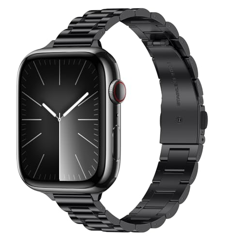 Tasikar Dünnes Metall Armband Kompatibel mit Apple Watch Armband 42mm(Series 10) 41mm 40mm 38mm Damen Edelstahl Ersatzarmband Kompatibel mit iWatch Ultra SE Series 10 9 8 7 6 5 4 3, Schwarz von Tasikar