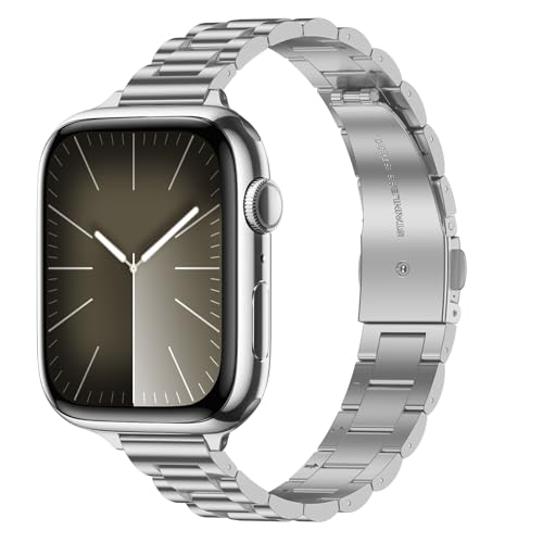 Tasikar Dünnes Metall Armband Kompatibel mit Apple Watch Armband 49mm 46mm 45mm 44mm 42mm Damen Edelstahl Ersatzarmband Kompatibel mit iWatch Ultra SE Serie 10 9 8 7 6 5 4 3, Silber von Tasikar