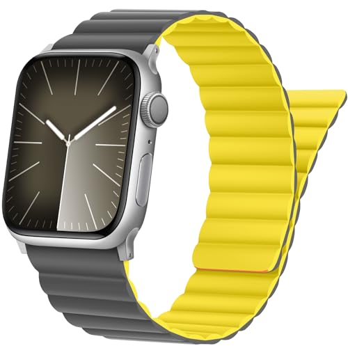 Tasikar Band Kompatibel mit Apple Watch Armband 42mm (Series 10) 41mm 40mm 38mm, Silikon Ersatzarmband mit Starkem Magnetverschluss Kompatibel iWatch SE 2 SE Series 10 9 8 7 6 5 4 3 2 1 (Gelb-Grau) von Tasikar