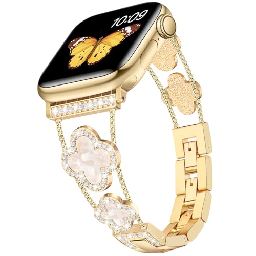Tasikar Bling Diamant Damenarmband Kompatibel mit Apple Watch Armband 42mm(Serie 10) 41mm 40mm 38mm SE Serie 10 9 8 7 6 5 4 3 2 1 süßes Glückskleeblatt elegantes Ersatzarmband (Gold) von Tasikar