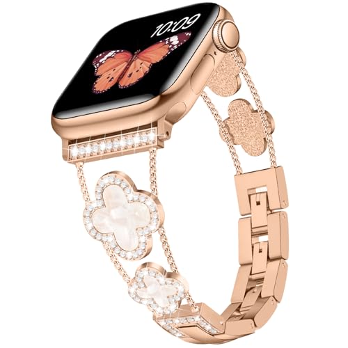 Tasikar Bling Diamant Damenarmband Kompatibel mit Apple Watch Armband 42mm(Serie 10) 41mm 40mm 38mm SE Serie 10 9 8 7 6 5 4 3 2 1 süßes Glückskleeblatt elegantes Ersatzarmband (Roségold) von Tasikar