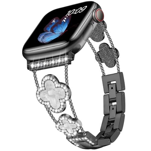 Tasikar Bling Diamant Damenarmband Kompatibel mit Apple Watch Armband 42mm(Serie 10) 41mm 40mm 38mm SE Serie 10 9 8 7 6 5 4 3 2 1 süßes Glückskleeblatt elegantes Ersatzarmband (Schwarz) von Tasikar