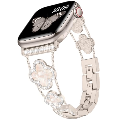 Tasikar Bling Diamant Damenarmband Kompatibel mit Apple Watch Armband 49mm 46mm 45mm 44mm 42mm Ultra SE Serie 10 9 8 7 6 5 4 3 2 1 süßes Glückskleeblatt elegantes Ersatzarmband (Polarstern) von Tasikar