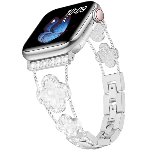 Tasikar Bling Diamant Damenarmband Kompatibel mit Apple Watch Armband 49mm 46mm 45mm 44mm 42mm Ultra SE Serie 10 9 8 7 6 5 4 3 2 1 süßes Glückskleeblatt elegantes Ersatzarmband (Silber) von Tasikar