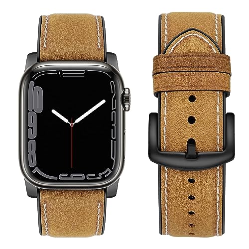 Tasikar Ersatzarmband Kompatibel mit Apple Watch Armband 41mm 40mm 38mm, Premium Echte Leder Silikon Uhrenarmband Kompatibel mit iWatch SE Series 9 8 7 6 5 4 3 (38/40/41mm, Braun) von Tasikar