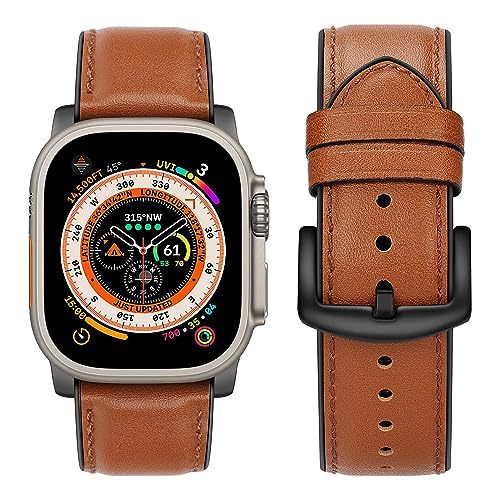 Tasikar Ersatzarmband Kompatibel mit Apple Watch Armband 49mm 45mm 44mm 42mm, Premium Echte Leder Silikon Uhrenarmband Kompatibel mit iWatch Ultra SE Series 9 8 7 6 5 4 3 (42/44/45/49mm, Dunkelbraun) von Tasikar