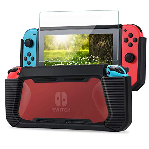 Tasikar Hülle Kompatibel mit Nintendo Switch Enhanced Grip Gummierte Schutzhülle mit Gehärtetes Glas Schutzfolie (Schwarz - Rot) von Tasikar