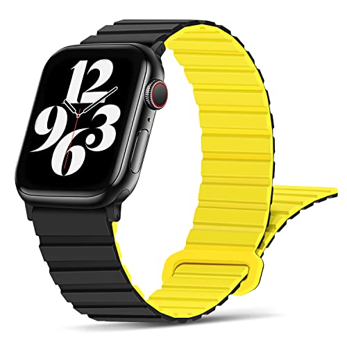 Tasikar Kompatibel mit Apple Watch Armband 42mm (Series 10) 41mm 40mm 38mm, Silikon Magnetverschluss Loop Ersatzarmband für iWatch Ultra SE Series 10 9 8 7 6 5 4 3 2 1 (Schwarz Gelb) von Tasikar
