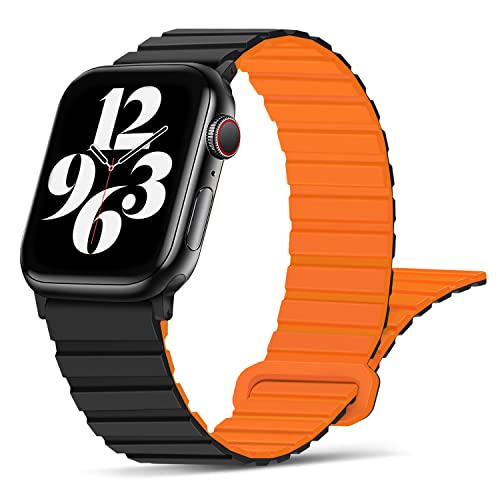 Tasikar Kompatibel mit Apple Watch Armband 42mm (Series 10) 41mm 40mm 38mm, Silikon Magnetverschluss Loop Ersatzarmband für iWatch Ultra SE Series 10 9 8 7 6 5 4 3 2 1 (Schwarz Orange) von Tasikar