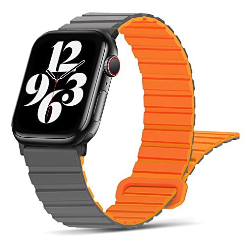 Tasikar Kompatibel mit Apple Watch Armband 49mm 45mm 44mm 42mm 41mm 40mm 38mm, Silikon Magnetverschluss Loop Ersatzarmband für iWatch Ultra SE Series 9 8 7 6 5 4 3 2 1 (38/40/41mm, Grau Orange) von Tasikar