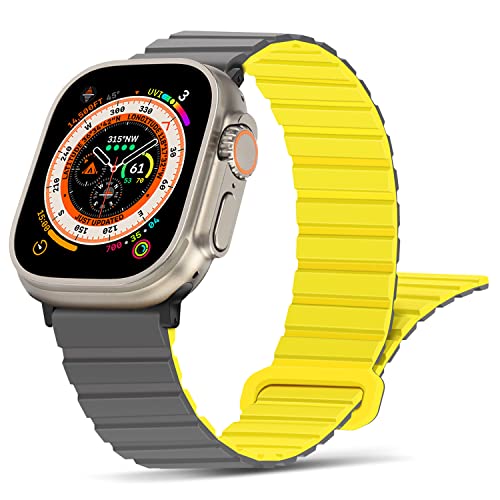 Tasikar Kompatibel mit Apple Watch Armband 49mm 45mm 44mm 42mm 41mm 40mm 38mm, Silikon Magnetverschluss Loop Ersatzarmband für iWatch Ultra SE Series 9 8 7 6 5 4 3 2 1 (42/44/45/49mm, Grau Gelb) von Tasikar