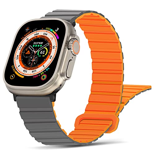 Tasikar Kompatibel mit Apple Watch Armband 49mm 45mm 44mm 42mm 41mm 40mm 38mm, Silikon Magnetverschluss Loop Ersatzarmband für iWatch Ultra SE Series 9 8 7 6 5 4 3 2 1 (42/44/45/49mm, Grau Orange) von Tasikar