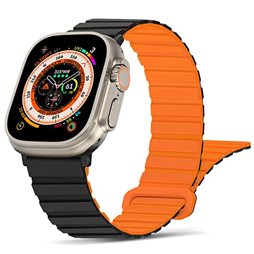 Tasikar Kompatibel mit Apple Watch Armband 49mm 45mm 44mm 42mm 41mm 40mm 38mm, Silikon Magnetverschluss Loop Ersatzarmband für iWatch Ultra SE Series 9 8 7 6 5 4 3 2 1 (42/44/45/49mm, Schwarz Orange) von Tasikar