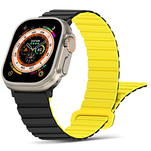 Tasikar Kompatibel mit Apple Watch Armband 49mm 45mm 44mm 42mm 41mm 40mm 38mm, Silikon Magnetverschluss Loop Ersatzarmband für iWatch Ultra SE Series 9 8 7 6 5 4 3 2 1 (42/44/45/49mm, Schwarz Gelb) von Tasikar