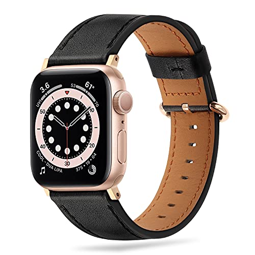 Tasikar Lederarmband Kompatibel mit Apple Watch Armband 38mm 40mm 41mm, Echte Leder Ersatzarmbänder Kompatibel mit Apple Watch SE Series 9/8/7/6/5/4/3/2/1 (Schwarz + Roségold Adapter) von Tasikar