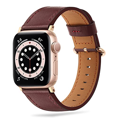 Tasikar Lederarmband Kompatibel mit Apple Watch Armband 38mm 40mm 41mm, Echte Leder Ersatzarmbänder Kompatibel mit Apple Watch SE Series 9 8 7 6 5 4 3 2 1 (Rotwein + Roségold Adapter) von Tasikar