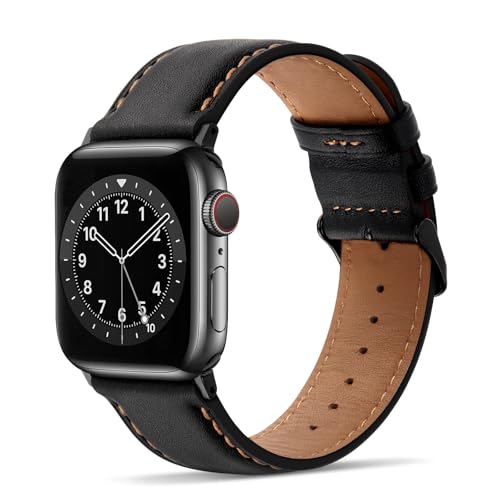 Tasikar Lederarmband Kompatibel mit Apple Watch Armband 42mm(Series 10) 41mm 40mm 38mm Premium Echte Leder Ersatzarmband Kompatibel mit Apple Watch SE Series 10 9 8 7 6 5 4 3 2 1, Schwarz von Tasikar