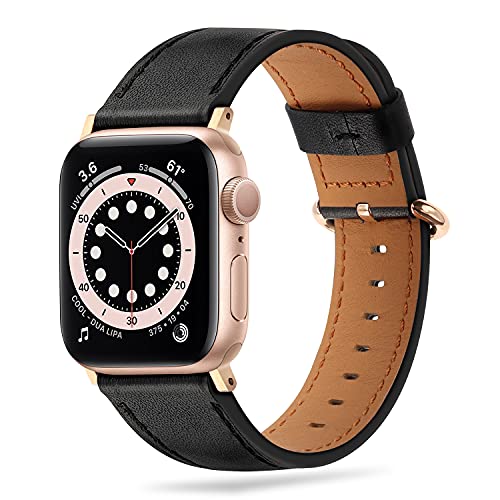 Tasikar Lederarmband Kompatibel mit Apple Watch Armband 49mm 45mm 44mm 42mm, Echte Leder Ersatzarmbänder Kompatibel mit Apple Watch Ultra SE Series 9/8/7/6/5/4/3/2 (Schwarz + Roségold Adapter) von Tasikar