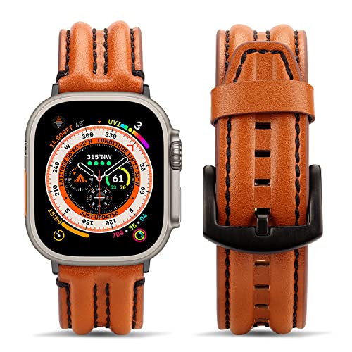 Tasikar Lederarmband Kompatibel mit Apple Watch Armband 49mm 45mm 44mm 42mm, Echte Leder Handgemacht Ersatz Armbänder kompatibel mit iWatch Ultra Serie 9 8 SE 7 6 5 4 3 -(42mm/44mm/45mm, Dunkelbraun) von Tasikar