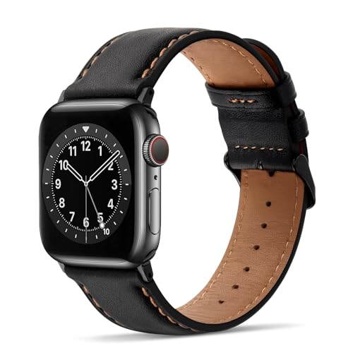 Tasikar Lederarmband Kompatibel mit Apple Watch Armband 49mm 45mm 44mm 42mm Premium Echte Leder Ersatzarmband Kompatibel mit Apple Watch Ultra 2 Ultra SE2 SE Series 9 8 7 6 5 4 3 2 1-Schwarz von Tasikar