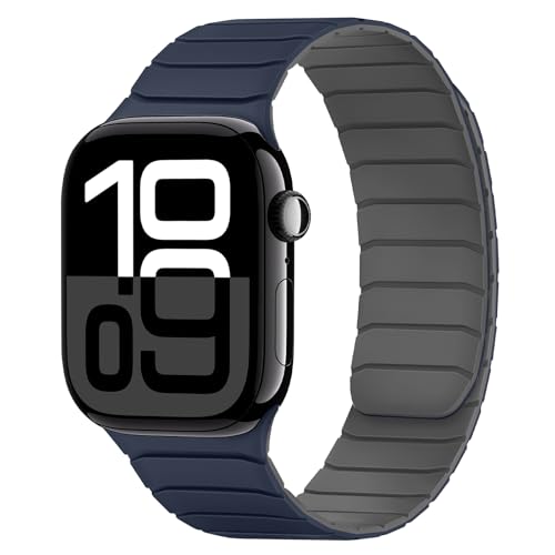 Tasikar Magnetisch Armband Kompatibel mit Apple Watch 42mm(Series 10) 41mm 40mm 38mm Weiches Silikon Ersatz Schlaufe Armband Kompatibel mit iWatch SE Series10 9 8 7 6 5 4 3 2 1, Dunkelblau-Grau von Tasikar