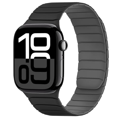 Tasikar Magnetisch Armband Kompatibel mit Apple Watch 42mm(Series 10) 41mm 40mm 38mm Weiches Silikon Ersatz Schlaufe Armband Kompatibel mit iWatch SE Series10 9 8 7 6 5 4 3 2 1, Schwarz-Grau von Tasikar