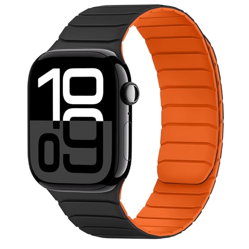 Tasikar Magnetisch Armband Kompatibel mit Apple Watch 42mm(Series 10) 41mm 40mm 38mm Weiches Silikon Ersatz Schlaufe Armband Kompatibel mit iWatch SE Series10 9 8 7 6 5 4 3 2 1, Schwarz-Orange von Tasikar