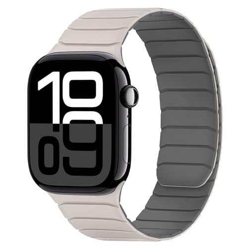 Tasikar Magnetisch Armband Kompatibel mit Apple Watch 42mm(Series 10) 41mm 40mm 38mm Weiches Silikon Ersatz Schlaufe Armband Kompatibel mit iWatch SE Series10 9 8 7 6 5 4 3 2 1, Starlight-Grau von Tasikar