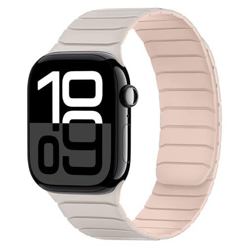 Tasikar Magnetisch Armband Kompatibel mit Apple Watch 42mm(Series 10) 41mm 40mm 38mm Weiches Silikon Ersatz Schlaufe Armband Kompatibel mit iWatch SE Series10 9 8 7 6 5 4 3 2 1, Sternenlicht-Rosa von Tasikar
