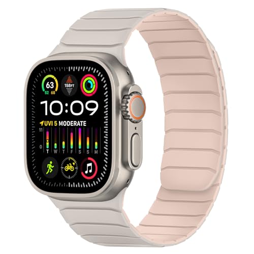 Tasikar Magnetisch Armband Kompatibel mit Apple Watch 49mm 46mm 45mm 44mm 42mm Weiches Silikon Ersatz Schlaufe Armband Kompatibel mit iWatch Ultra SE Series10 9 8 7 6 5 4 3, Sternenlicht-Rosa von Tasikar
