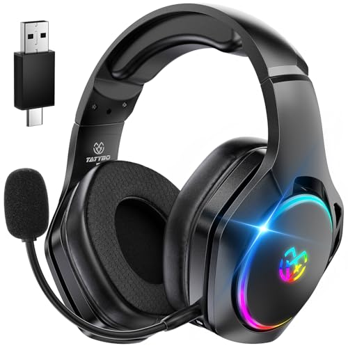 Tatybo Gaming-Headset, kabellos, für PS4, PS5, PC – 2,4 GHz Gaming-Headset mit abnehmbarem Mikrofon, kabellose Gamer-Headset mit 30 + H-Akku für Switch, Mac, Laptop von Tatybo