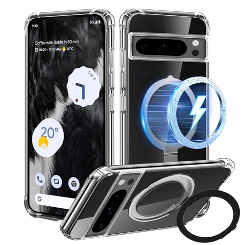 Tawarror 3-in-1 MagStänder Handyhülle für Google Pixel 8 Pro Hülle, Kompatibel mit MagSafe, Transparent Magnetisch Schutzhülle für Pixel 8 Pro mit Ständer Hart PC Kratzfest + TPU Stoßfest, Klar von Tawarror