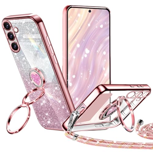 Tawarror Glitzer Handyhülle für Samsung Galaxy A55 Hülle mit Band, Galvanisierte Silikon TPU für Samsung A55 Schutzhülle mit Herzen Doppelring Ständer, Kordel zum Umhängen Stossfest Case Roségold von Tawarror