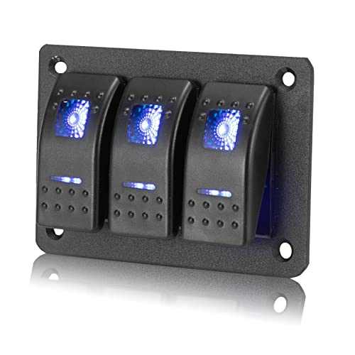 3 Gang Schalter Panel EIN/AUS Kippschalter Schalttafel Wasserdicht 12V/ 24V Rocker Switch Panel mit Blauem LED Licht und DIY Aufkleberetiketten für Boot Auto Marine Caravan Yacht LKW Wohnmobil von Tawveml