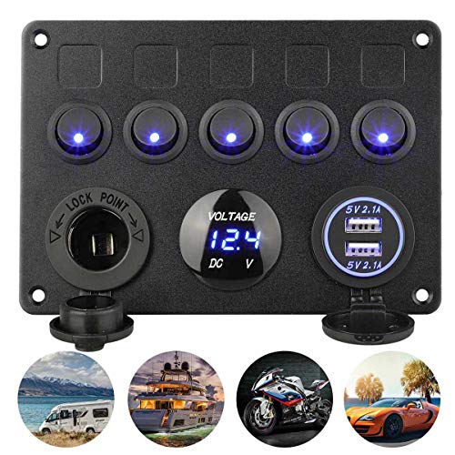 5 Gang Schalter Panel ON-OFF Kippschalter Panel Dual USB Ladegerät LED Voltmeter 12 V Steckdose für 12V/24V Fahrzeuge Auto Boot SUV Lkw Yacht RV Camper Baufahrzeug (Blau) von Tawveml