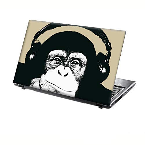 TaylorHe - Folie für Notebooks, 15,6 Zoll & 15 Zoll (39,6 cm & 38,1 cm), Notebook-Vinyl-Aufkleber mit farbigen Mustern und Leder-Effekt, hergestellt in England Funny Chimp wearing Headphones von TaylorHe Aufkleber für 15,6 Zoll